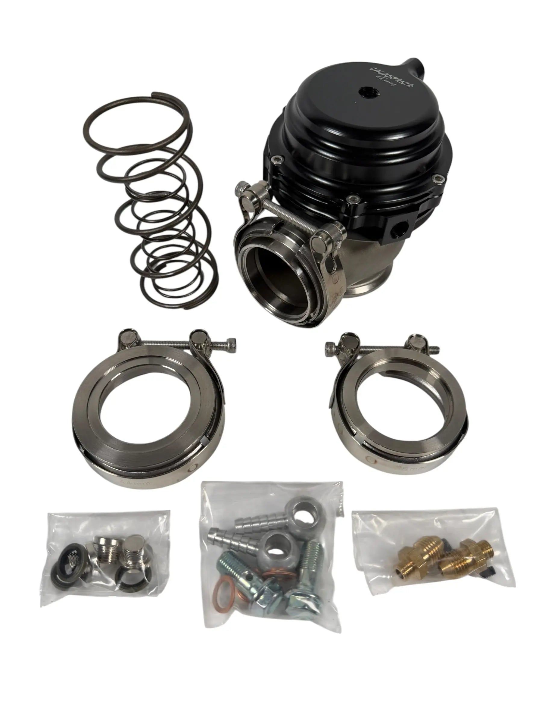 JSR 44mm external wastegate with MV-R V-band flange for turbochargers, from Jack Spania Racing, shown with mounting details.