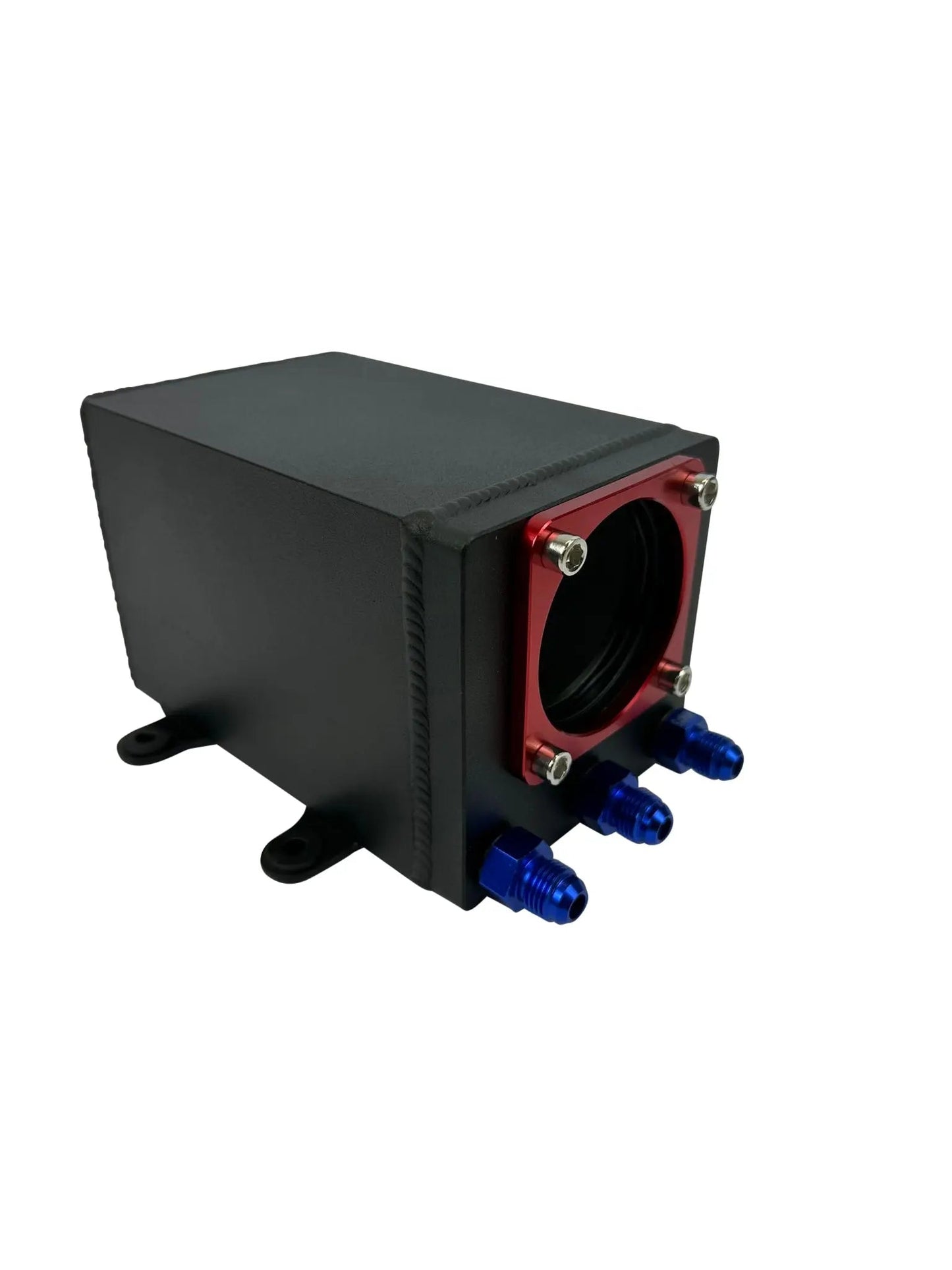Jack Spania Racing billet aluminum Bosch 044 1L high-flow external fuel pump surge tank with 6AN fittings for engine performance.