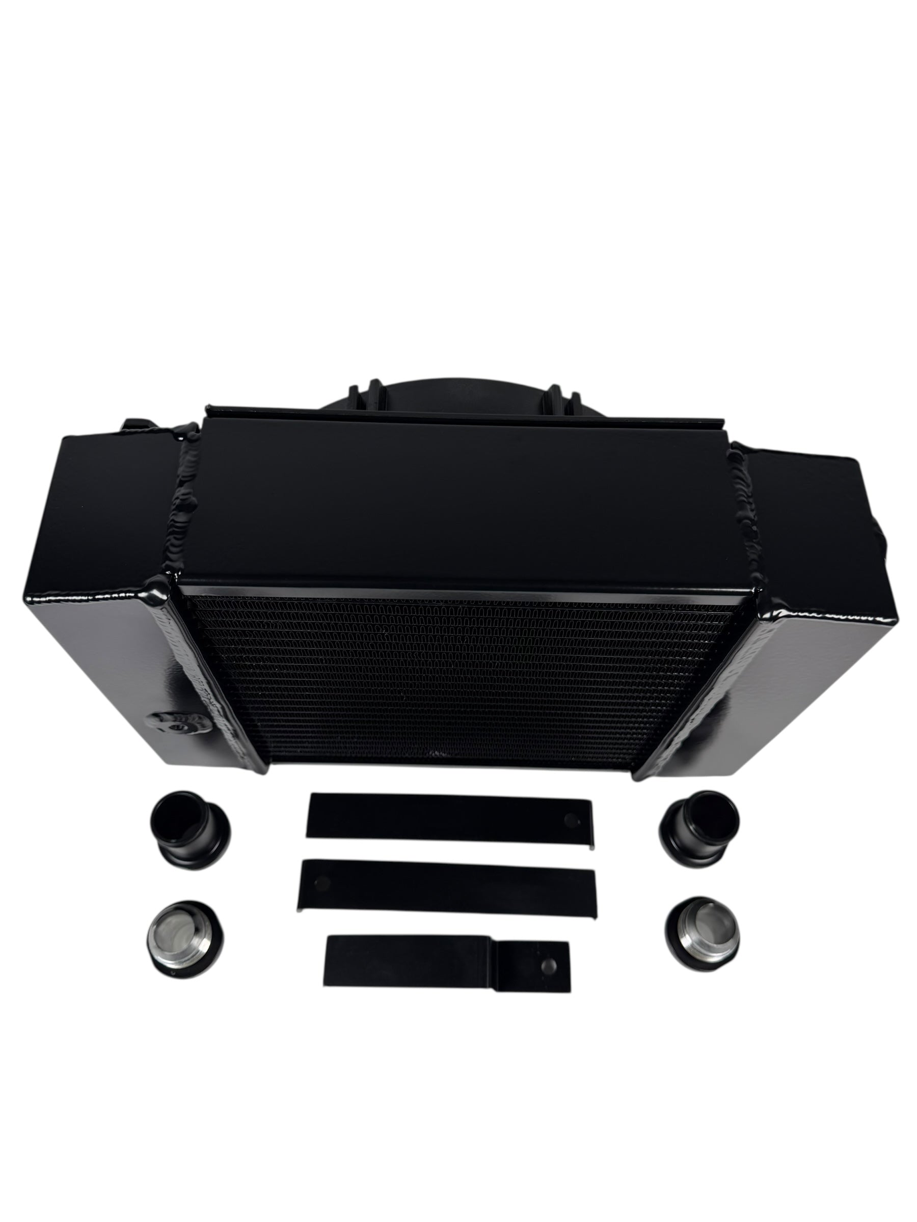 JackSpania Racing half size compact drag coolant radiator with 1.25" 16AN 4-row core, engine part designed for high-performance cooling.