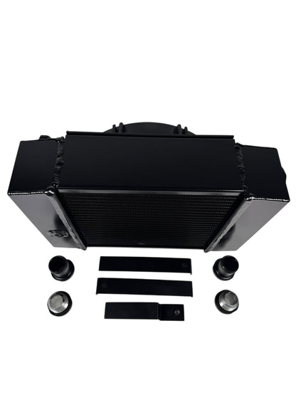 JackSpania Racing half size compact drag coolant radiator with 1.25" 16AN 4-row core, engine part designed for high-performance cooling.
