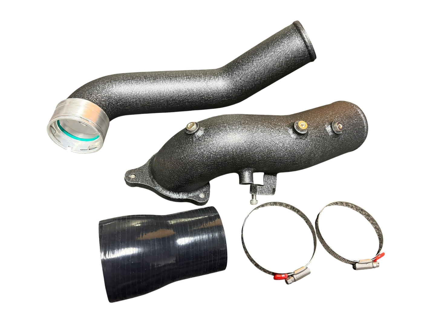 JackSpania Racing turbo charge pipe upgrade kit for BMW G20/G29 and Toyota GR Supra A90 B58 3.0L engine parts, metal and silicone components.