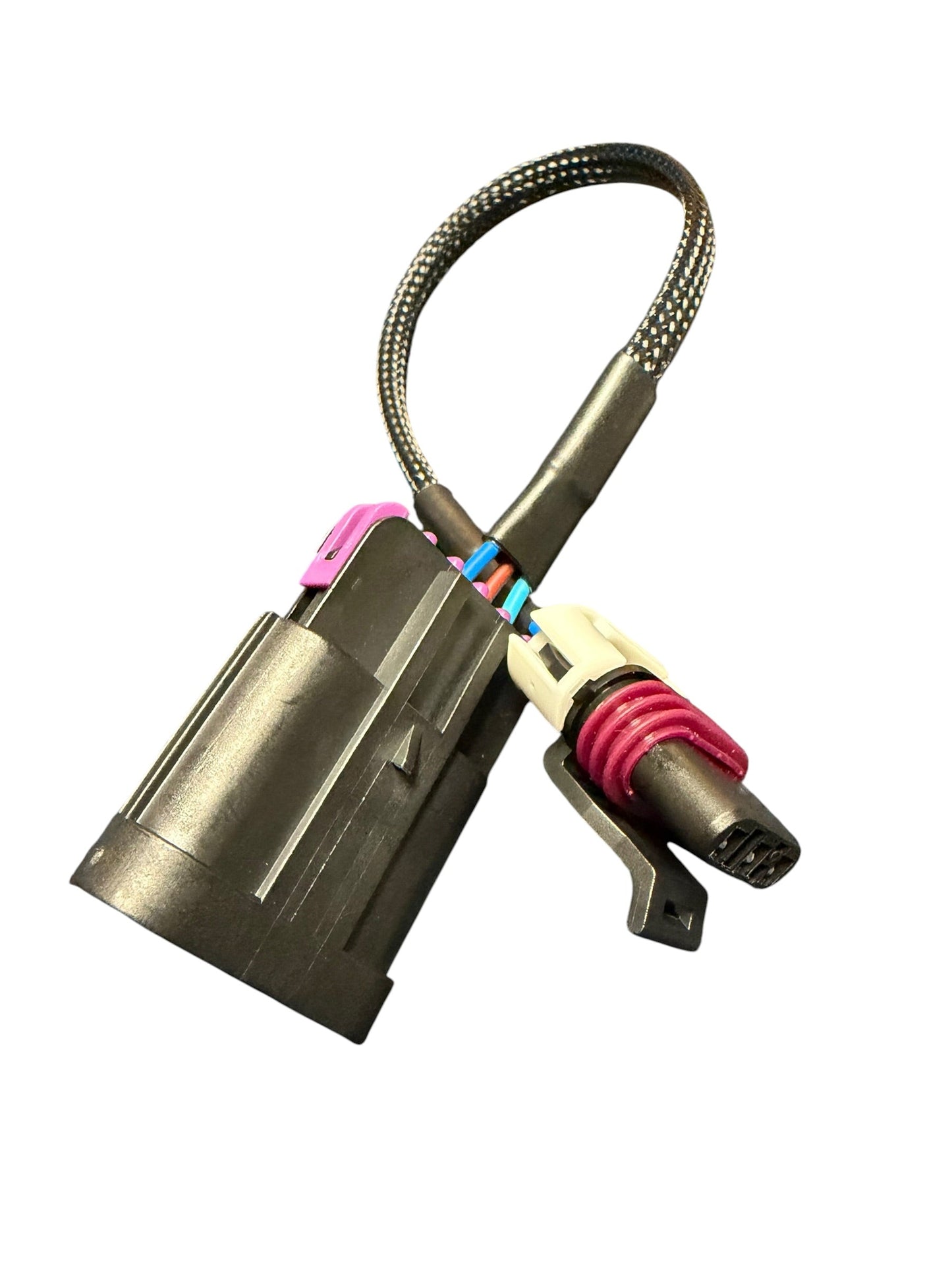 JackSpania Racing GM LS VVT to Non-VVT camshaft position sensor adapter wiring harness for Gen IV LS engines.