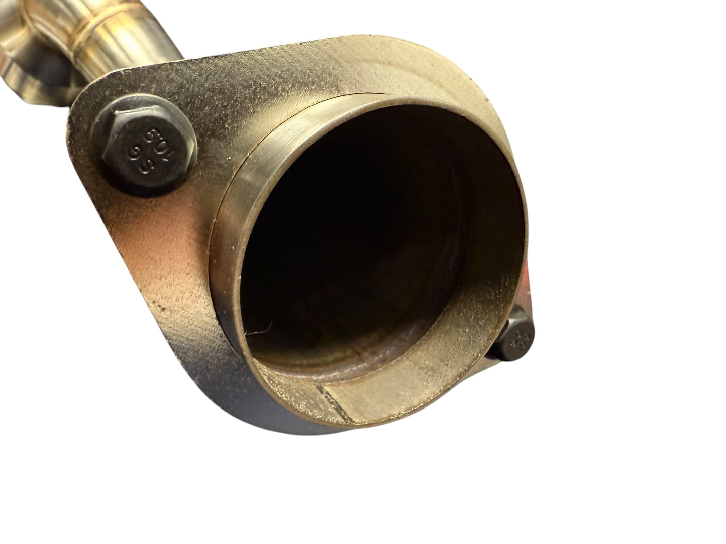 High flow BMW S58 M2 G80 M3 G82 M4 G87 M2 downpipes with Cats from JackSpania Racing, showing polished exhaust parts with mounting details.