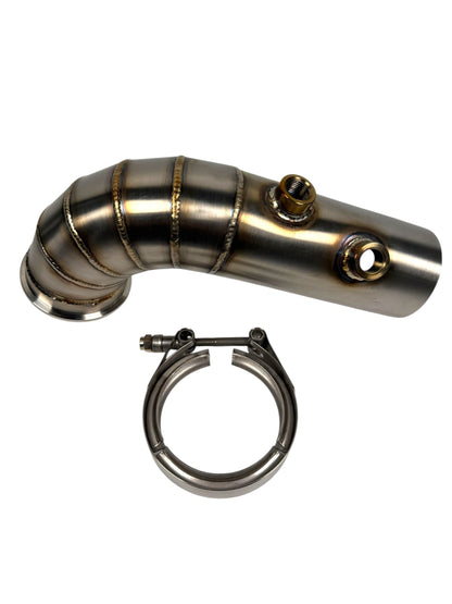 JackSpania Racing 3-inch downpipe with V-band flange, exhaust flange, and O2 bung for Garrett Holset Borgwarner turbochargers