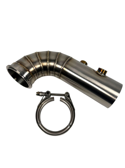JackSpania Racing 3-inch downpipe and V-band turbo exhaust flange with O2 bung for Holset and BorgWarner turbos.