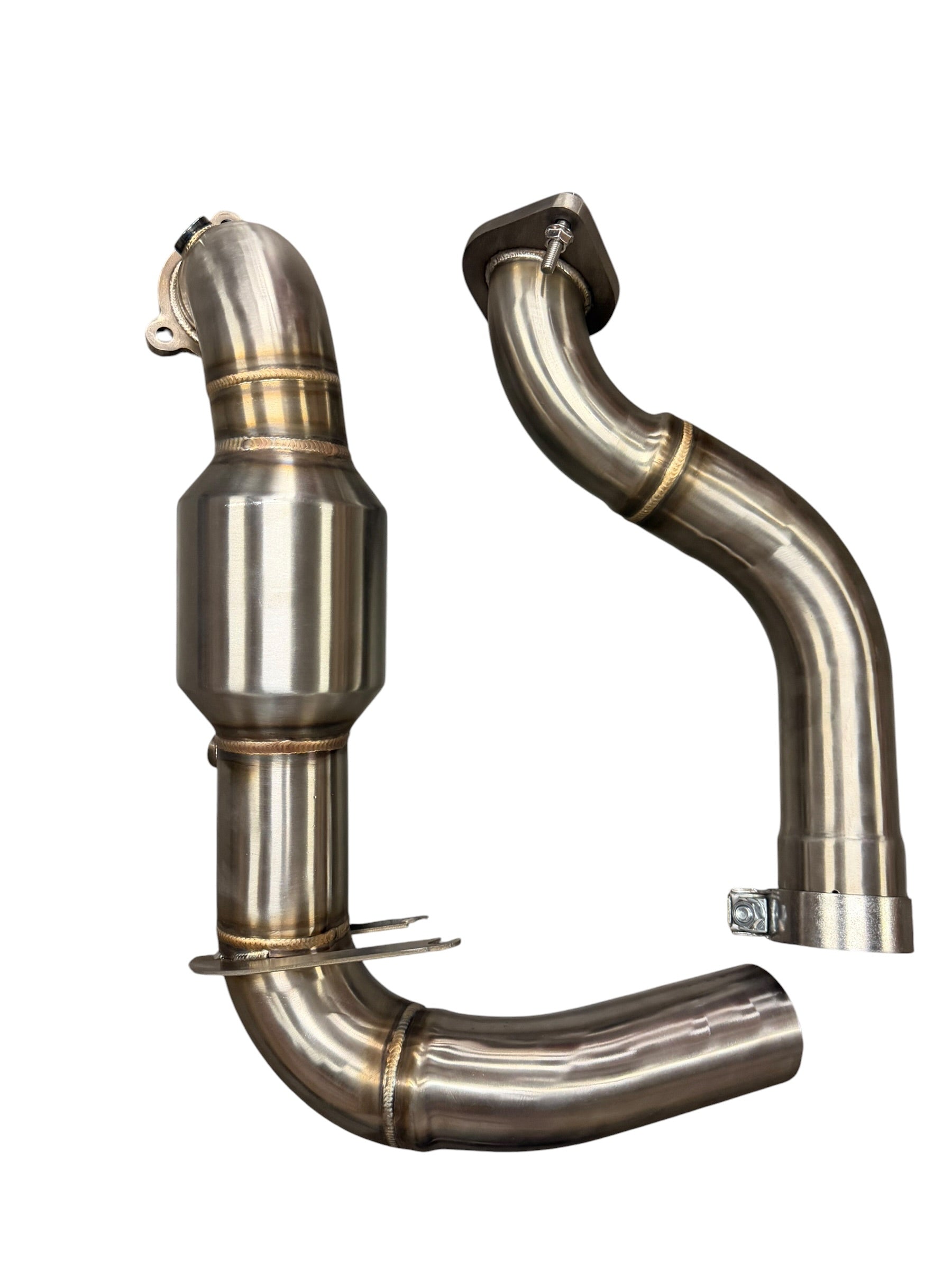 Mercedes-Benz W177 A-Class performance downpipe by JackSpania Racing, showcasing the exhaust part for A220, A250, and A35 AMG models.