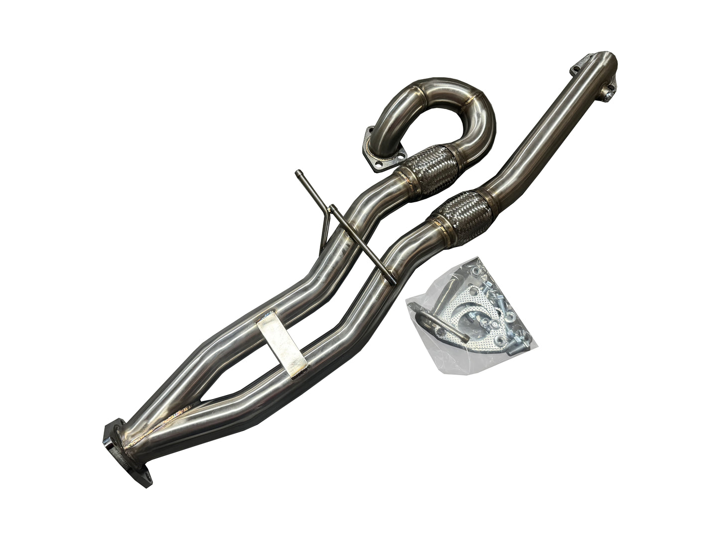 JackSpania Racing J-Pipe for 15-20 TLX FWD and 13-17 Accord V6 exhaust system, showing metal pipe with fittings.