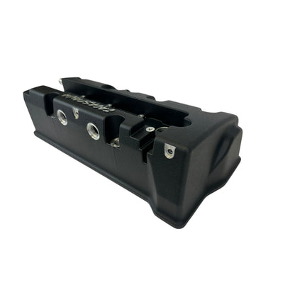 Cast aluminum K Series vented valve cover baffle for Honda Acura K20 K24 engines, with AN10 fittings from Jack Spania Racing.