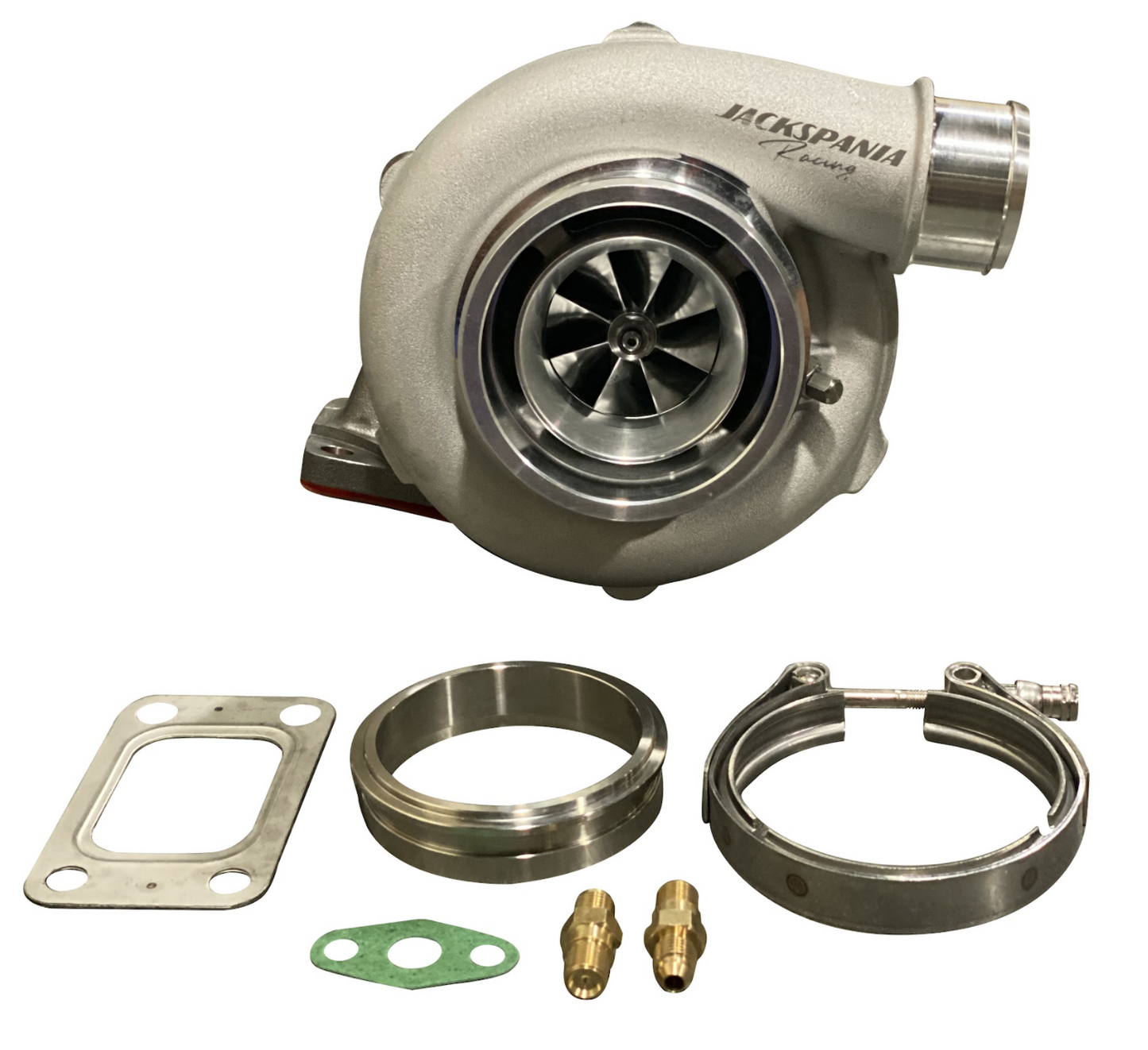 JackSpania Racing Gen 2 GT3076 GTX30 turbo billet wheel for T3 turbines, featuring .63 A/R for high-performance engine applications.