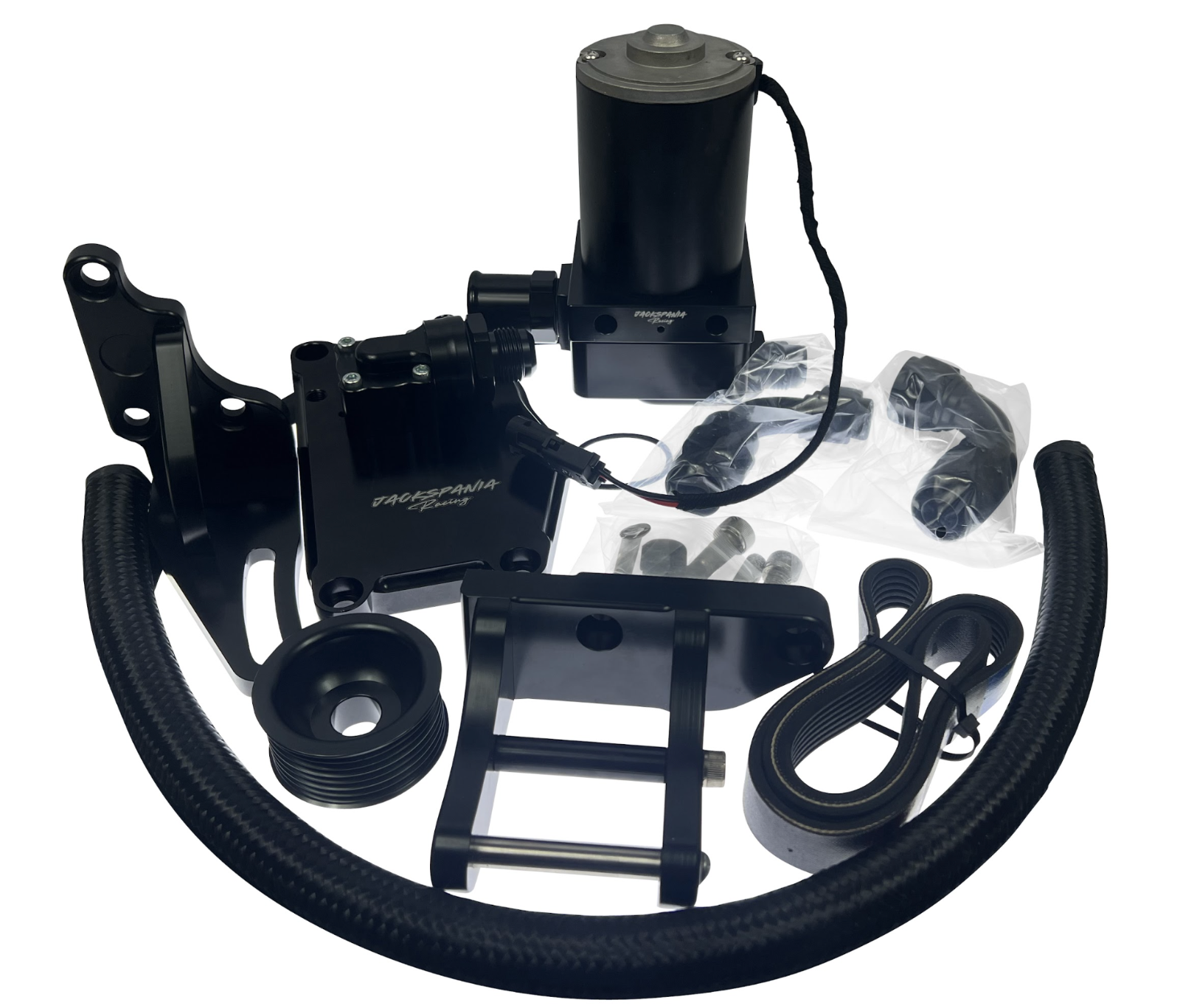 JackSpania Racing billet K20 K24 K Series electric water pump plate kit for engine cooling, shown on a clean engine component.