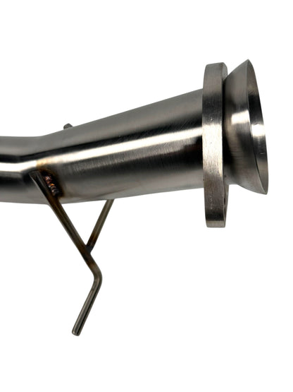 High flow Mazdaspeed3 test pipe by JackSpania Racing, an exhaust part with a metallic finish and precise fit for 2007-2014 MazdaSpeed3.
