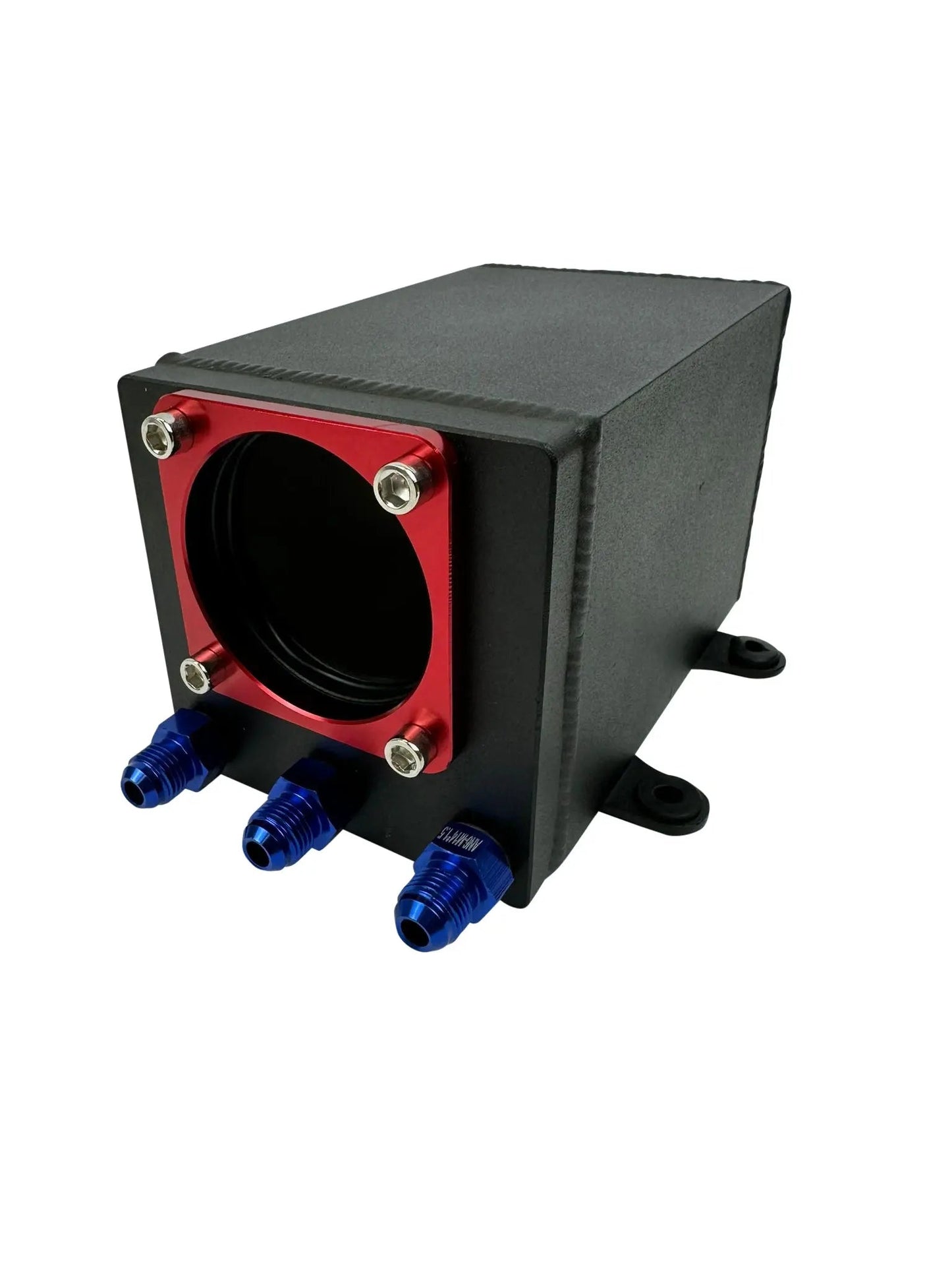 Jack Spania Racing billet aluminum Bosch 044 1L high-flow external fuel pump surge tank with 6AN fittings for engine performance.