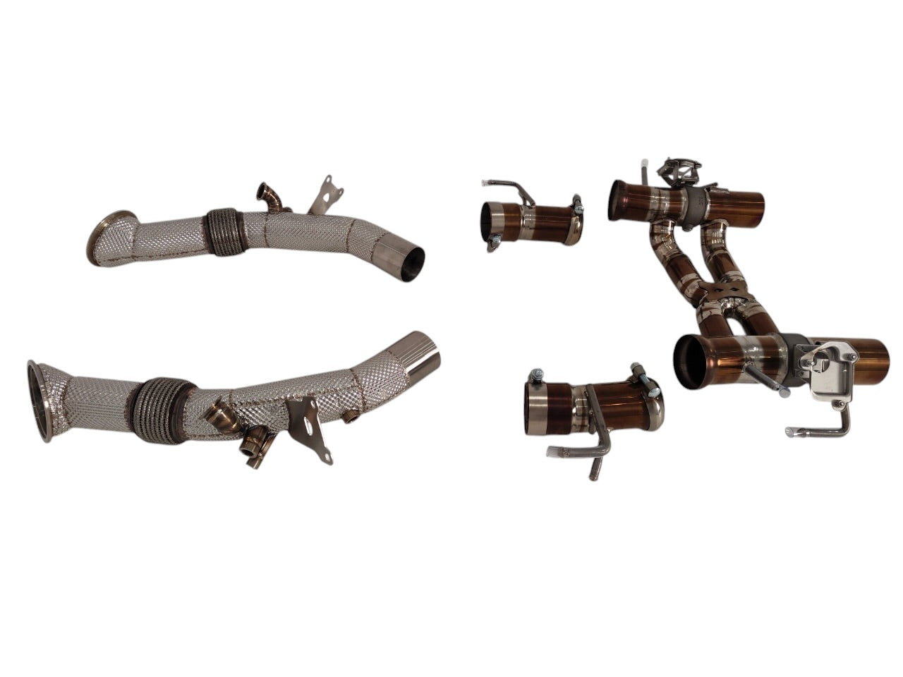 Ferrari SF90 Titanium Valved Exhaust System by JackSpania Racing, showing polished titanium exhaust pipes and valves.