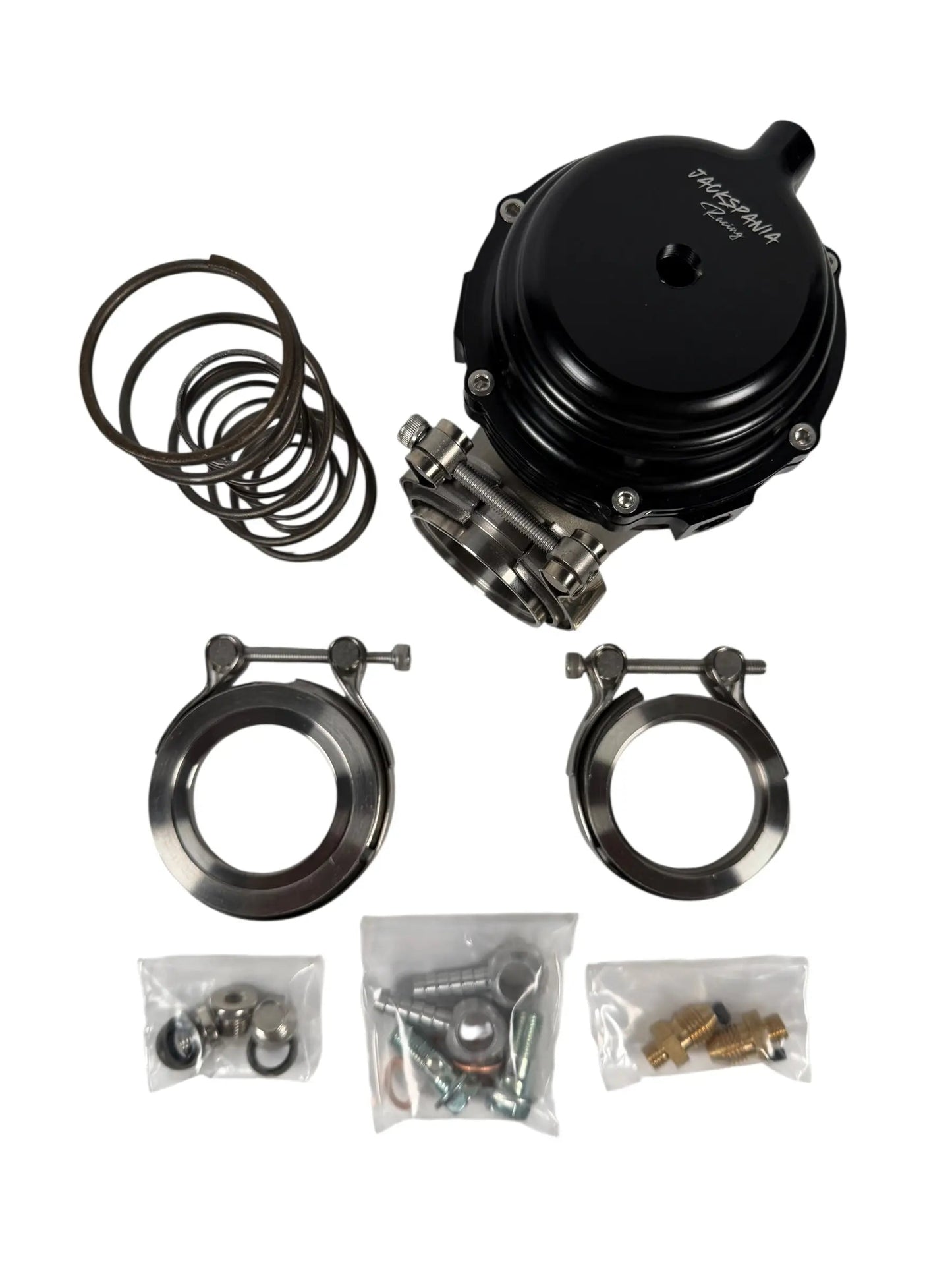 JSR 44mm external wastegate with MV-R V-band flange for turbo engines, branded Jack Spania Racing, shown in the image.