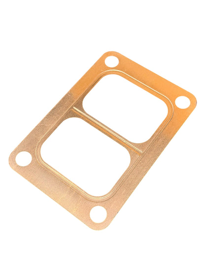 Embossed copper turbo flange gasket for T3, T4, T6 turbos by JackSpania Racing, with detailed embossed design visible.