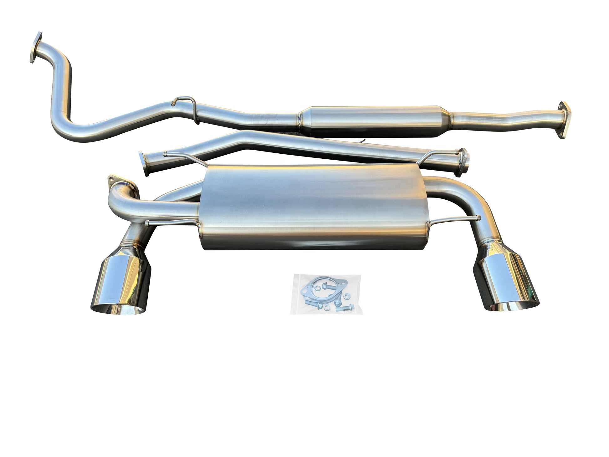 JackSpania Racing catback exhaust for 2013-2020 Subaru BRZ, Scion FR-S, and AE86 FRS with resonator muffler and polished metal finish.