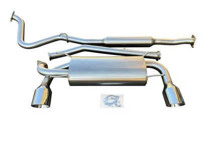 JackSpania Racing catback exhaust for 2013-2020 Subaru BRZ, Scion FR-S, and AE86 FRS with resonator muffler and polished metal finish.