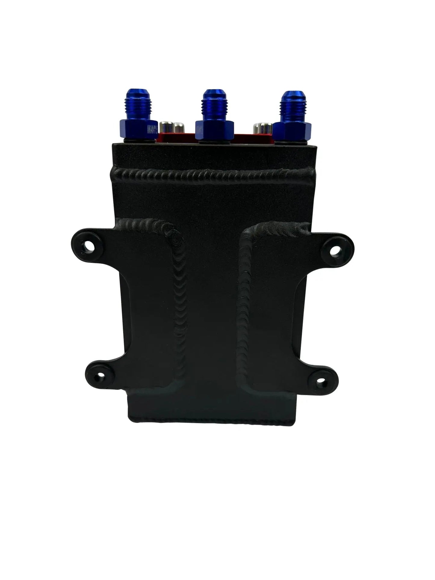 Jack Spania Racing billet aluminum Bosch 044 1L high-flow external fuel pump surge tank with 6AN fittings for engine performance.