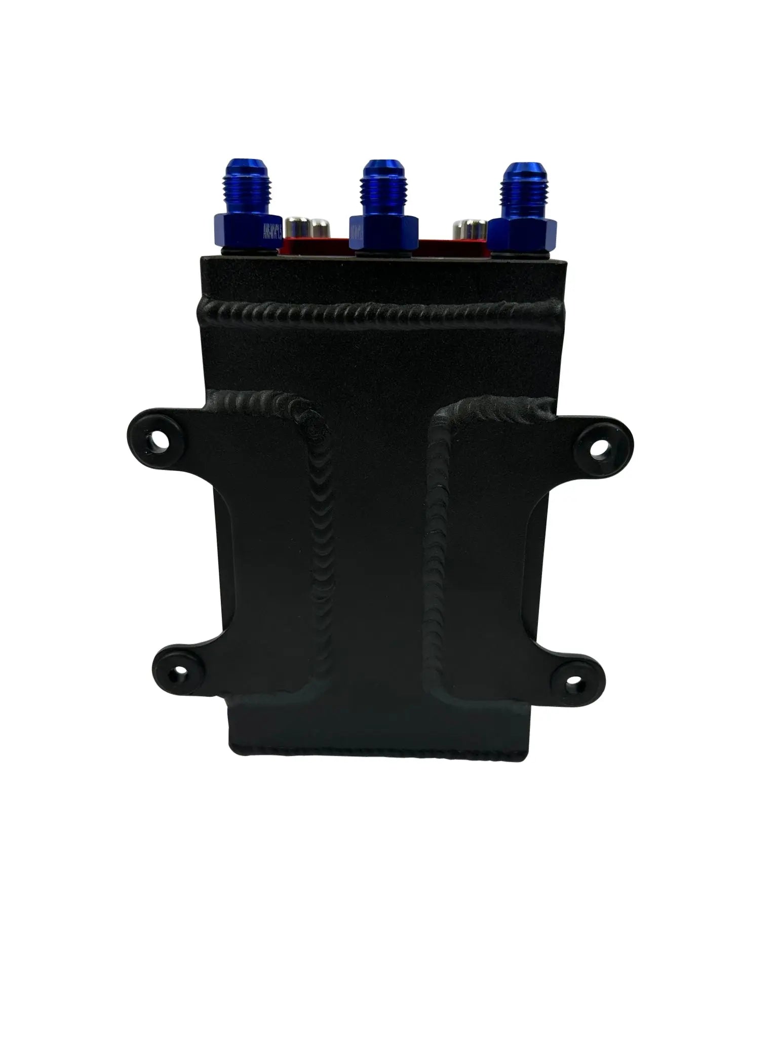 Jack Spania Racing billet aluminum Bosch 044 1L high-flow external fuel pump surge tank with 6AN fittings for engine performance.
