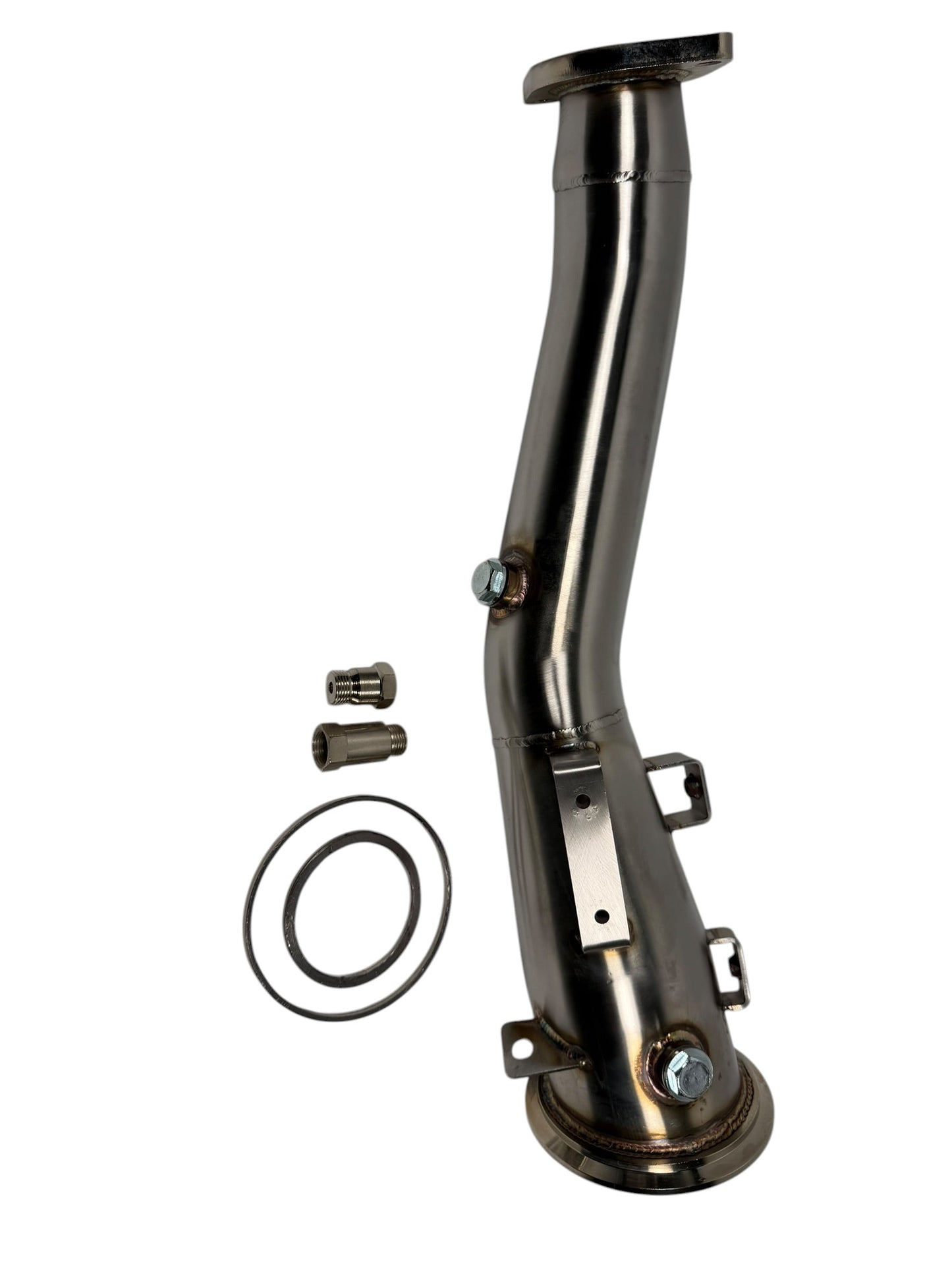 JackSpania Racing Race Downpipe with Cat Simulator for Lexus IS200T and IS300 2.0T I4 exhaust parts, shown with polished metal finish.