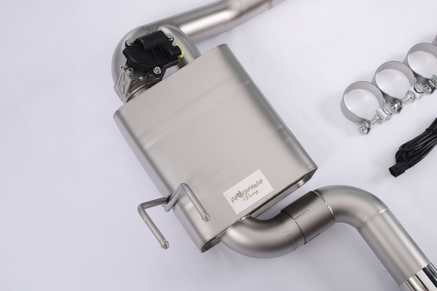 Honda Civic 1.5T Sedan valved cat-back exhaust system by JackSpania Racing, showing polished exhaust pipes and muffler components.