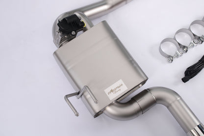 Honda Civic 1.5T Sedan valved cat-back exhaust system by JackSpania Racing, showing polished exhaust pipes and muffler components.