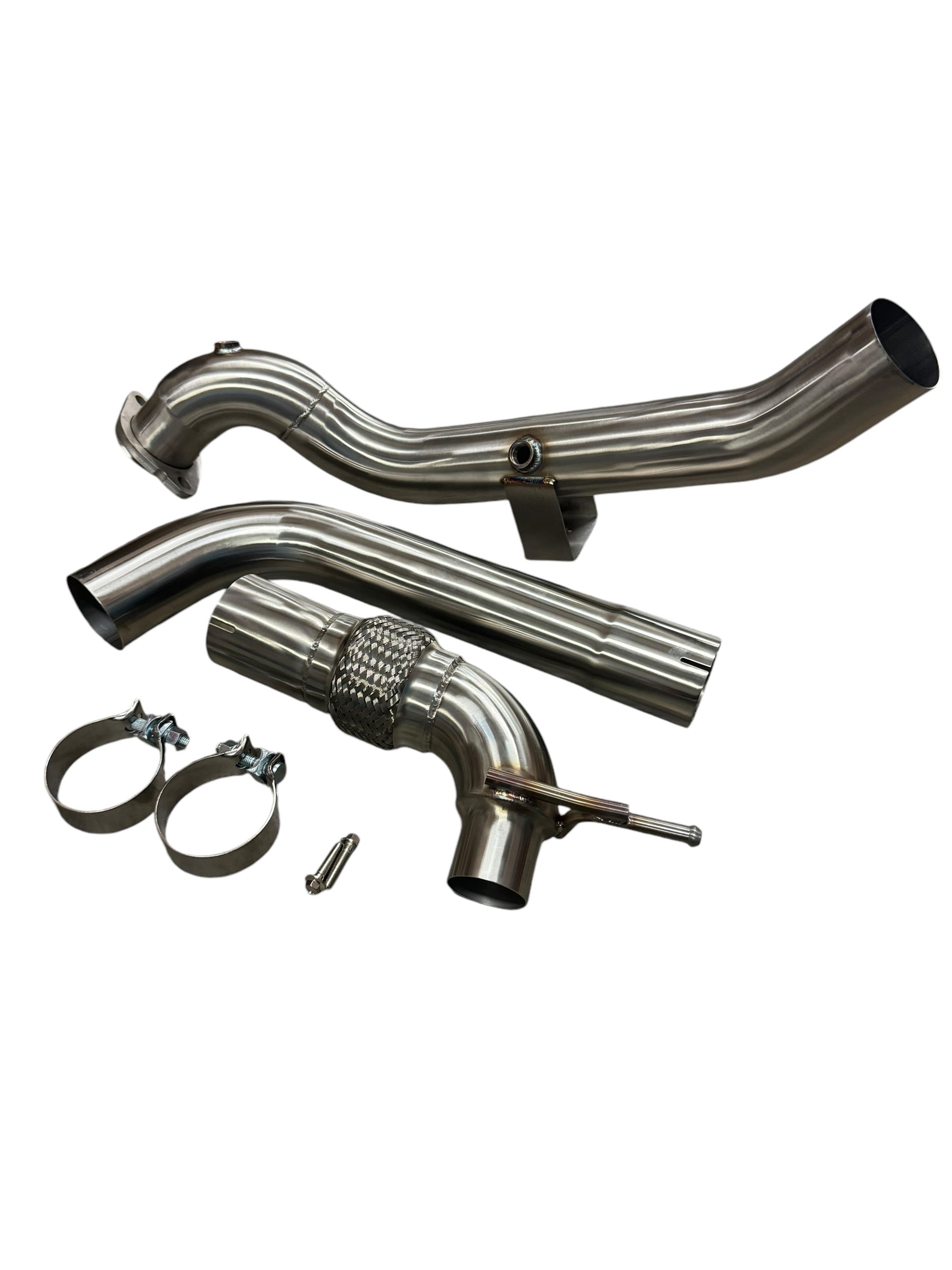 Stainless steel 3-inch downpipe for Ford Mustang EcoBoost 2.3T, compatible with 2015-2023 models, from JackSpania Racing exhaust parts.