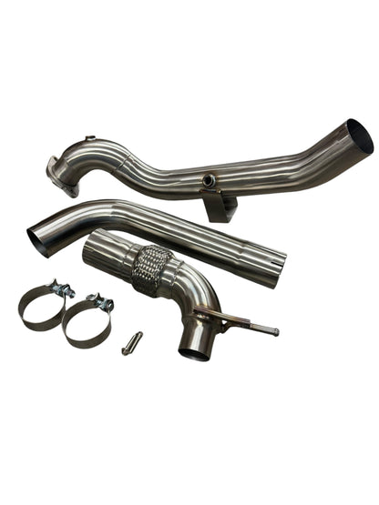 Stainless steel 3-inch downpipe for Ford Mustang EcoBoost 2.3T, compatible with 2015-2023 models, from JackSpania Racing exhaust parts.