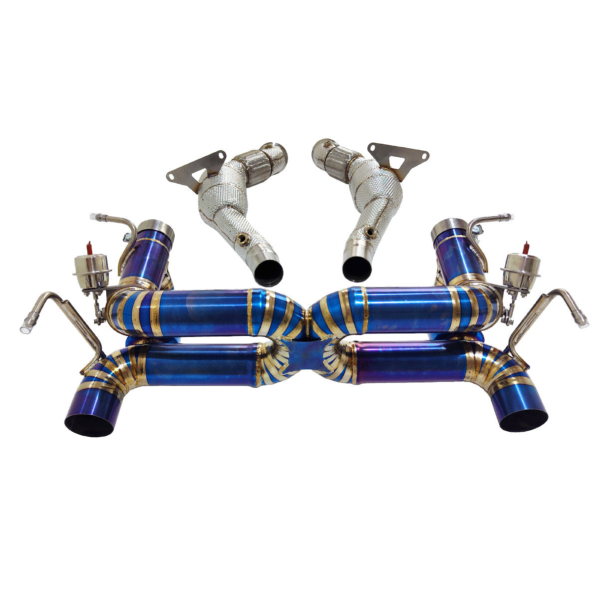 Ferrari 488 GTB titanium valved exhaust system by JackSpania Racing, showcasing sleek exhaust pipes and polished titanium finish.