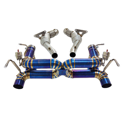 Ferrari 488 GTB titanium valved exhaust system by JackSpania Racing, showcasing sleek exhaust pipes and polished titanium finish.