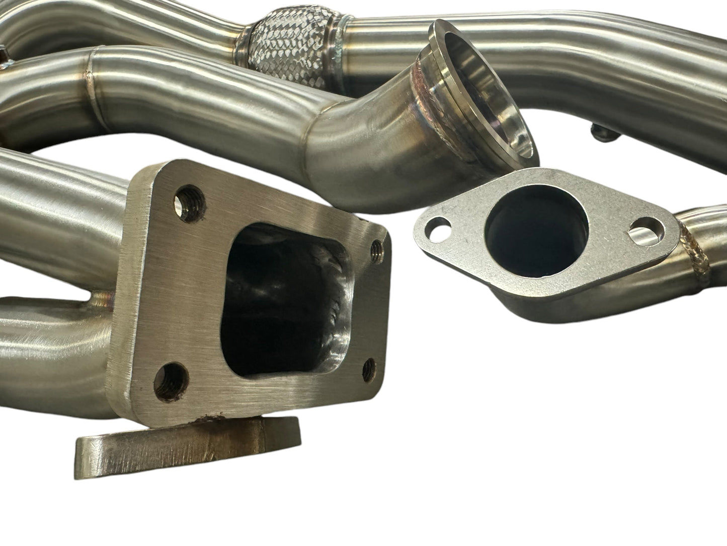 JackSpania Racing K Series K20 Civic Si turbo manifold with T3 downpipe, 2.5-inch dump tube, and 4-bolt connection for exhaust upgrade.