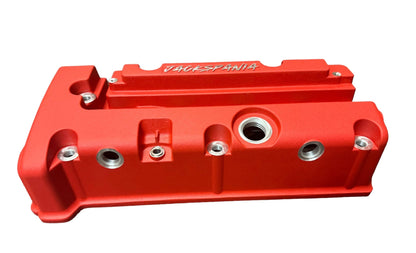 Cast aluminum K Series vented valve cover baffle for Honda Acura K20 K24 engines, compatible with AN10 fittings, by Jack Spania Racing.