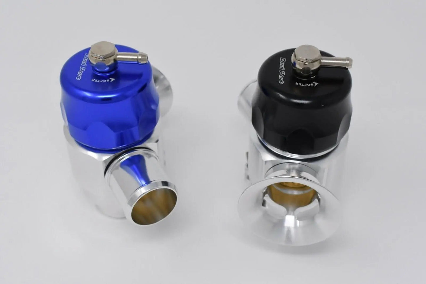 Dual port hybrid BOV for Mitsubishi Lancer Evo, Ralliart, Colt GSR turbo, engine part by Jack Spania Racing, showing metal components and ports.
