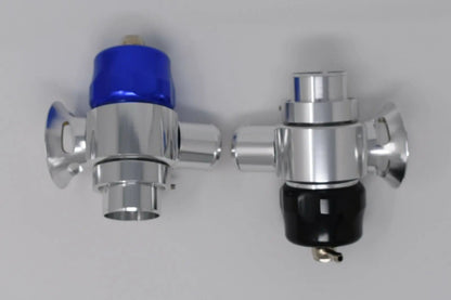 Dual port hybrid BOV for Mitsubishi Lancer Evo, Ralliart, Colt GSR turbo, Jack Spania Racing engine part with black and silver components.