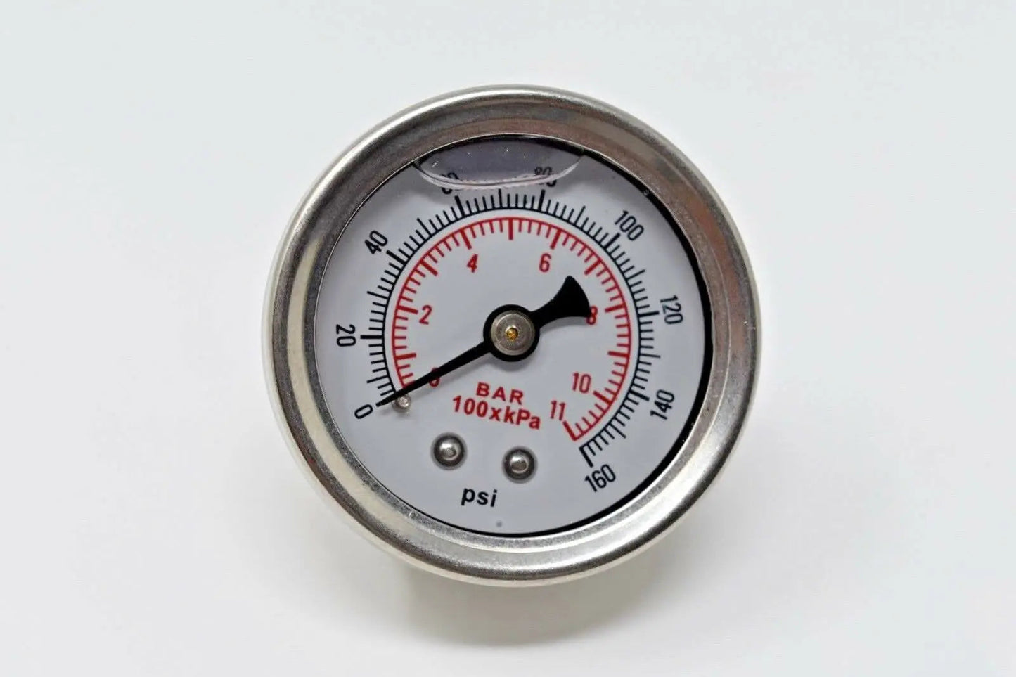 Jack Spania Racing fuel pressure regulator gauge showing 0-160 PSI with liquid fill, designed for engine performance monitoring.