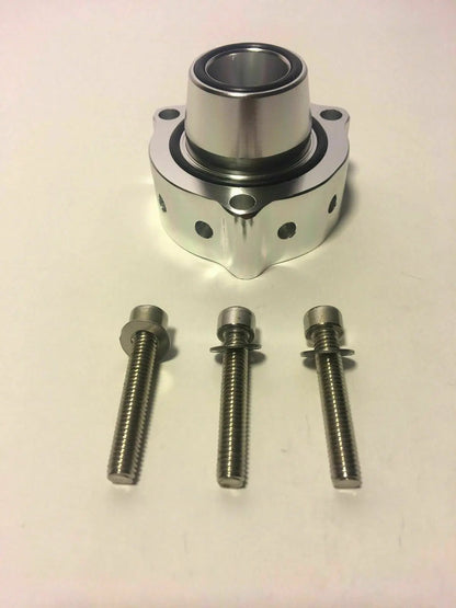 Jack Spania Racing VW Audi blow off valve spacer for TSI FSI TFSI engines, shown installed on a 2.0T engine.