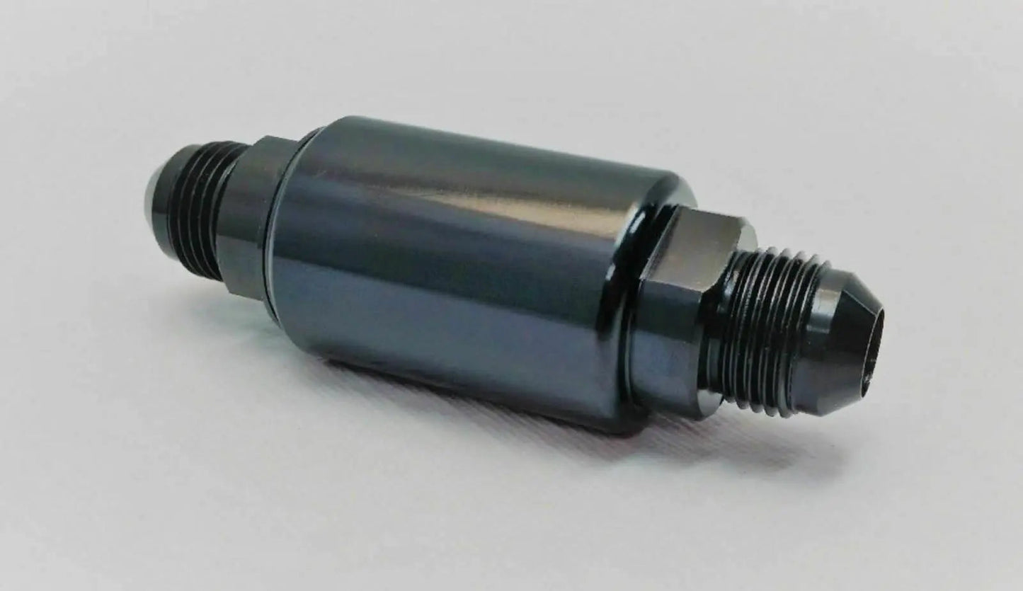 Black aluminum inline fuel filter with AN6 fittings, 100-micron mesh, used in engine fuel systems by Jack Spania Racing.