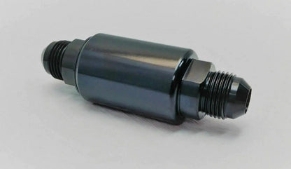 Black aluminum inline fuel filter with AN6 fittings, 100-micron mesh, used in engine fuel systems by Jack Spania Racing.