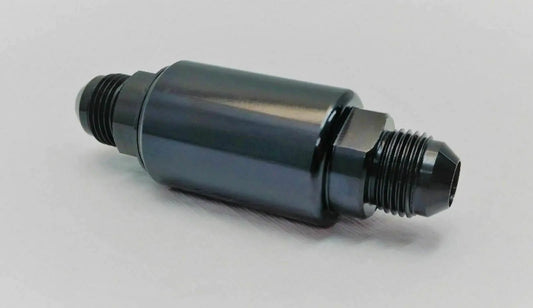 Black aluminum inline fuel filter with AN6 fittings, 100-micron mesh, used in engine fuel systems by Jack Spania Racing.