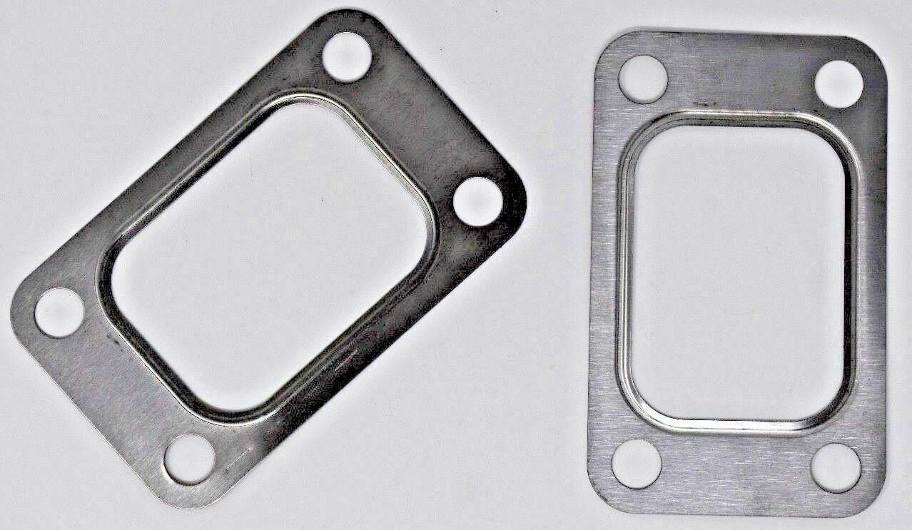 Two Garrett T3 turbo inlet flange gaskets in stainless steel, 4-bolt engine parts from Jack Spania Racing.