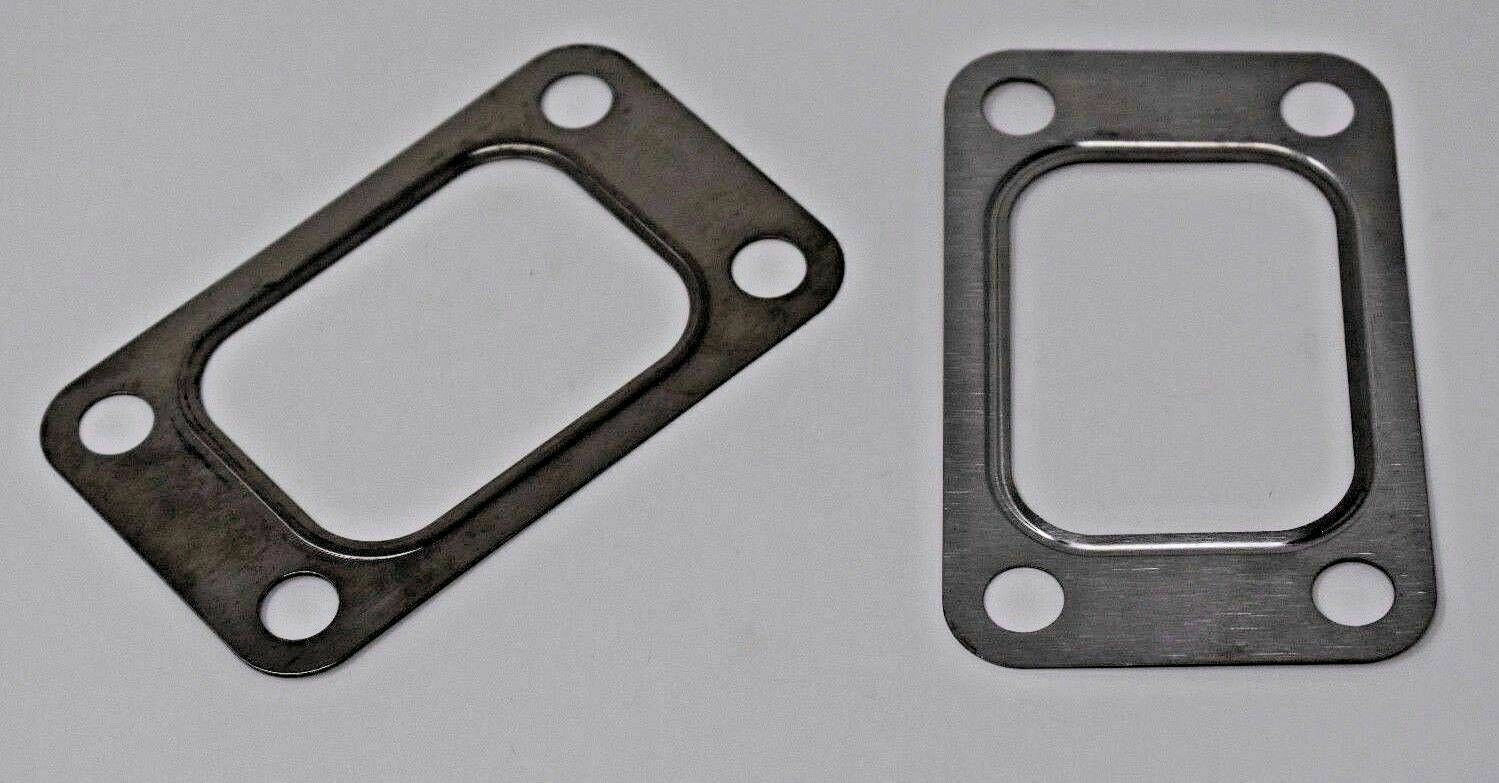 Two Garrett T3 turbo inlet flange gaskets in 304 stainless steel with 4-bolt design, suitable for engine applications.
