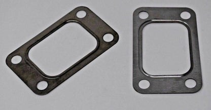 Two Garrett T3 turbo inlet flange gaskets in 304 stainless steel with 4-bolt design, suitable for engine applications.