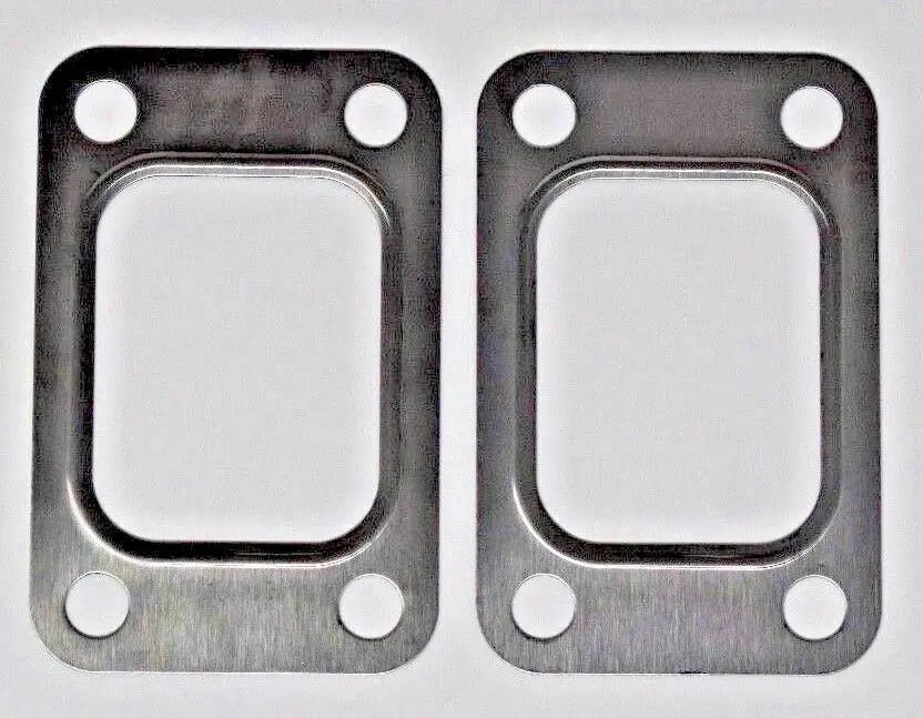 Two Jack Spania Racing turbo exhaust inlet manifold gaskets with T2, T25, T28, GT25, and GT28 flanges for engine performance.