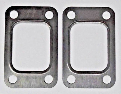 Two Jack Spania Racing turbo exhaust inlet manifold gaskets with T2, T25, T28, GT25, and GT28 flanges for engine performance.