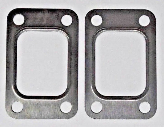 Two Jack Spania Racing turbo exhaust inlet manifold gaskets with T2, T25, T28, GT25, and GT28 flanges for engine performance.