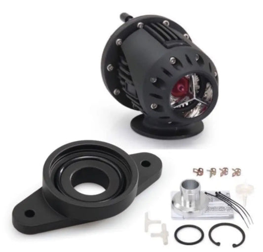 Jack Spania Racing SSQV blow-off valve installed on Subaru Impreza WRX engine with direct fit adapter, showcasing the engine component.
