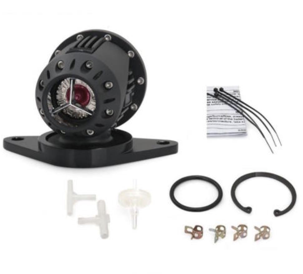 Jack Spania Racing SSQV blow off valve for Subaru WRX and STI engine, with adapter, mounted on turbocharged engine components.