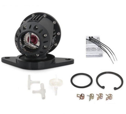 Jack Spania Racing SSQV blow off valve for Subaru WRX and STI engine, with adapter, mounted on turbocharged engine components.