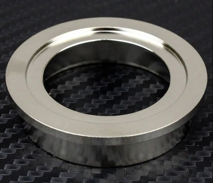 SS304 stainless steel wastegate turbo inlet flange with 38mm/44mm V-band for TiAL MVS/MVR, compatible with Jack Spania Racing engine parts.