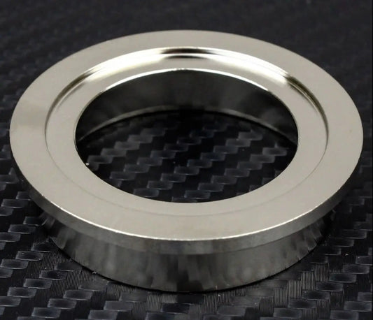 SS304 stainless steel wastegate turbo inlet flange with 38mm/44mm V-band for TiAL MVS/MVR, compatible with Jack Spania Racing engine parts.
